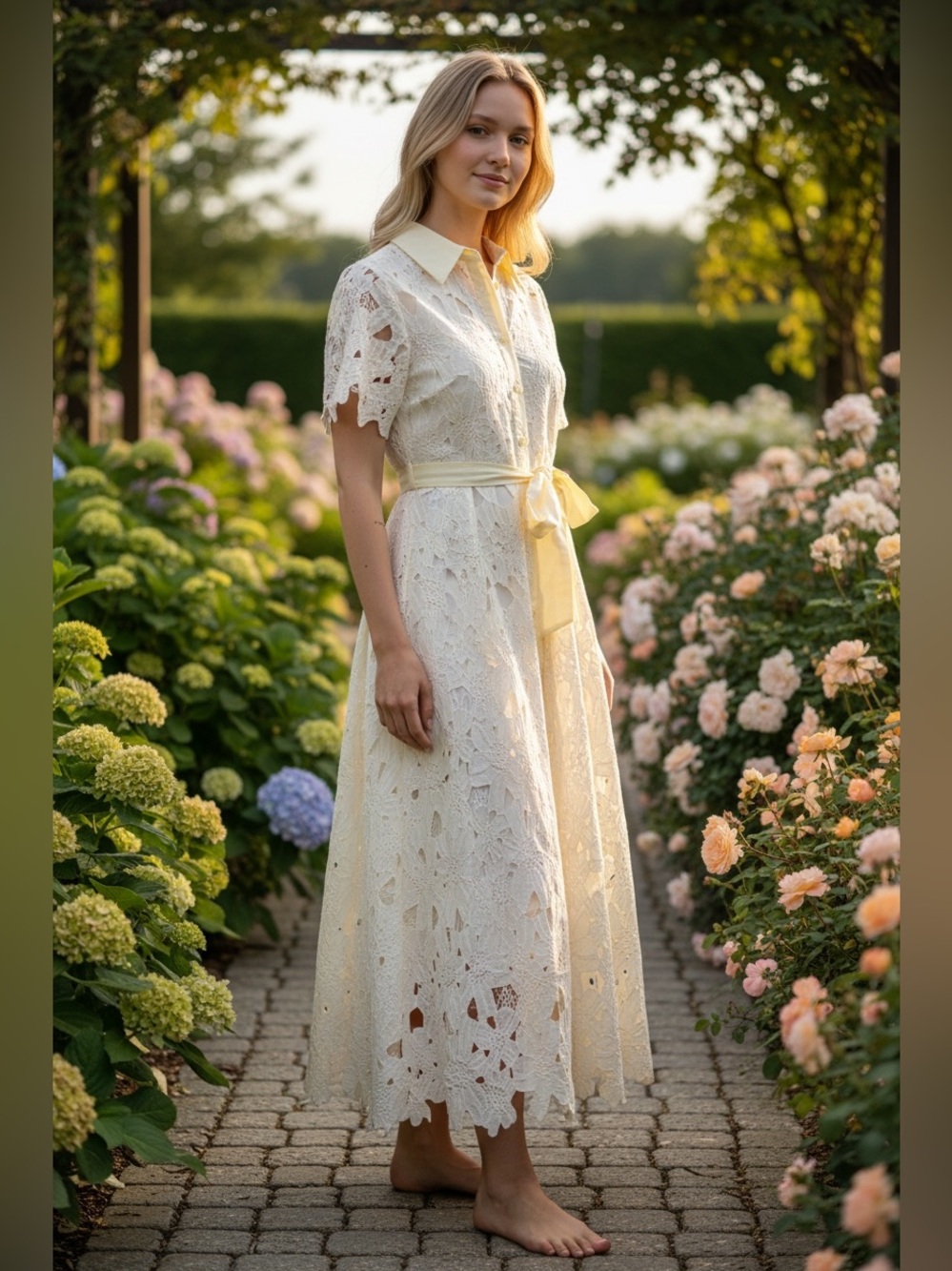 NWT Vogue Vibes Elegant Yellow Eyelet/ Lace Shirt Dress with Belt